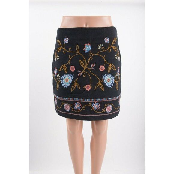 LOFT Womens Floral Embroidered Skirt Sz 2 MultiColor Black A-Line Short - Picture 1 of 8